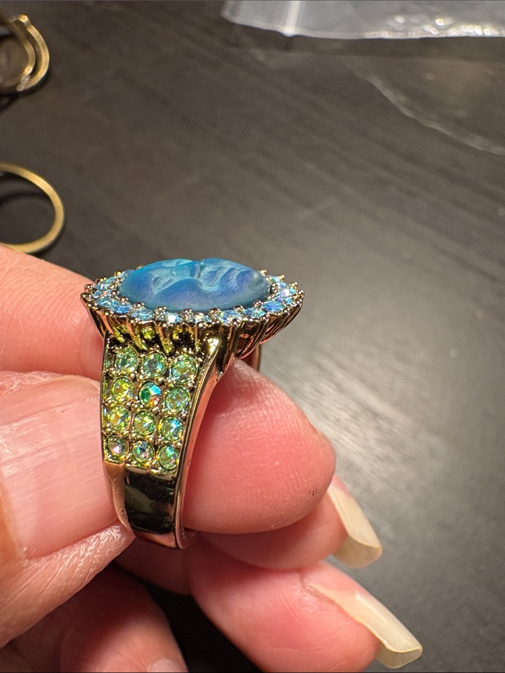 Kirks Folly Blues Sun Face Ring with Aurora Crystal Halo - Picture 3 of 5